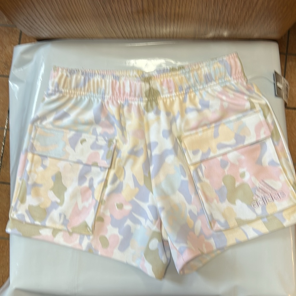 NWT Adidas Girls Multicolor Pastel Camo Print Shorts with Cargo Pockets.